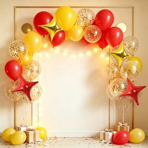 54pcs balloon set red and yellow themed balloons with four-pointed star foil suitable for creating a romantic Christmas atmosphere birthday parties outdoor party decorations proposals grand openings and other party balloon decorations.