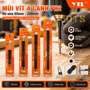 Combo 2 mũi vít 4 cạnh PH2 (65/100/150/200mm) YTL - Độ cứng cao từ tính mạnh chuôi 1/4 mũi vít kim cương chống trượt