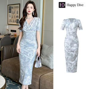 Happy Diva เดรสผู้หญิง เดรสสีเทา เดรสคอวี เดรสทำงาน เดรสไฮโซ เดรสวินเทจ เดรสออกงาน เดรสปาร์ตี้ ชุดราตรี 21324