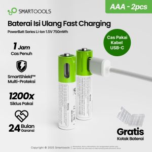Baterai Cas Isi Ulang 2pcs Smartoools PowerBatt Ukuran AAA Voltase 1.5V dengan port Type-C USB Rechargeable Lithium Ion Battery Isi Ulang 1200 Kali Bonus Casing Baterai