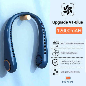 Neck fan portable 12000 mA electric leafless fan USB rechargeable silent fast cooling outdoor sports cooling device--kipas leher