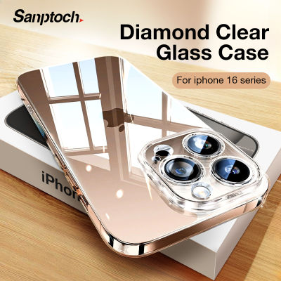 Sanptoch Slim Diamond Glass Clear Phone Case For iPhone 16 15 14 13 Pro Max Soft Tpu Edge with Crystal Transparent Back Cover For iPhone 16 15 14 Plus Shockproof Protection Casing