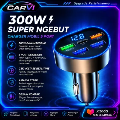 (CARVI) Charger Mobil 5 Port 300W Fast Charging Ngecas Kilat Layar Digital LED Voltase PD QC3.0