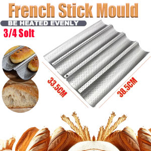 Silver 4-slot carbon steel baguette mold helping to bake crispy baguettes
