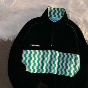 American Retro Waffle Half Zip Polo Collar Sweater Autumn Loose Checkerboard Top