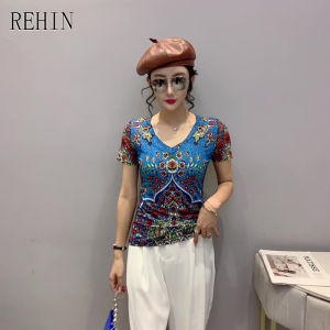 REHIN Womens top Fashion mesh unique print short-sleeved T-shirt V-neck slim and thin trend blouse