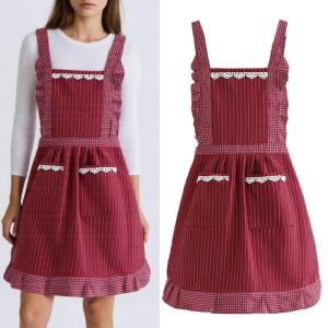 Elegant Ruffled Apron with Pockets for Women Adjustable Straps Pinafore Dress Vintage Maid Baking Cooking Apron Overalls