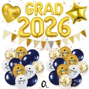 Graduation Decorations 30Pcs Green Gold Metallic Confetti Balloons with GRAD 2026 Star Heart Foil Balloon Set Pennant Banner for Class of 2026 Graduation High School College Party Decor