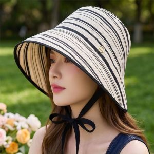 BAGUO Màu đơn sắc Mũ cá sấu sọc dành cho nữ Vành rộng Ruy băng Mũ che nắng Di động Thoáng khí Mũ chống nắng có tấm che  Phụ nữ