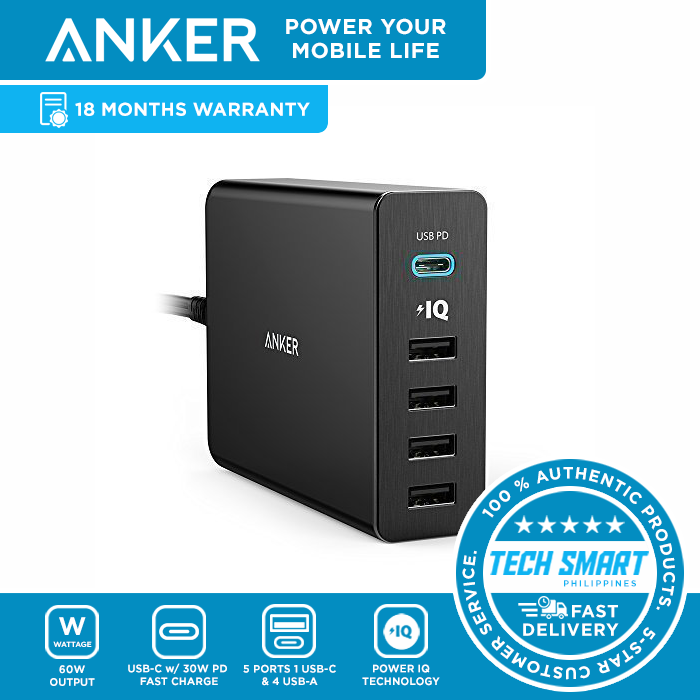 Anker PowerPort+ 60W 5-Port USB C (Type C) with 30W Power Delivery