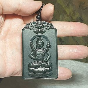 Premium deep greenish Nephrite double sides cravings  Akasagarbha (guardian for zodiac sign Ox & Tiger) and Pi Xiu Jade pendant/handheld (with certificate) [Natural Crystal] 和田玉塔青墨绿双面雕刻虚空藏菩萨(合生肖虎、牛)、虎啸山河、貔貅吊坠/手把(带证书)
