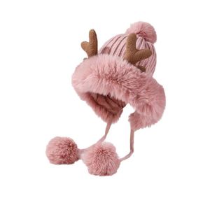 538TD Windproof Deer Antler Beanie Thickened Thermal Ear Protection Cap Plush Pom Beanie Elastic Warm Earflap Hat Cycling