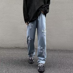 Baggy jean Men Y2k fashion denim pants Straight Cut Pants For Men Cross Printed Hiphop Style