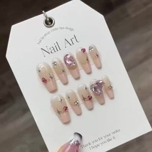 [HANDMADE]Artificial Nail Nude French Cross Star Love Diamond Gem Simple Model Phototpy Nails Reusable and Removable Nails