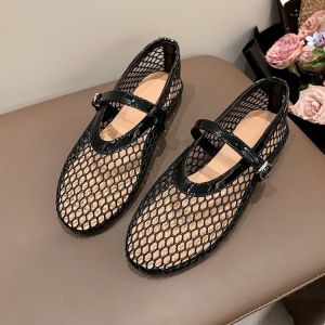 In Stock Mesh Womens Flat Shoes Round Toe Soft Bottom South Korea Fishing Net Hollow Breathable with Mary Jane Shoes Women