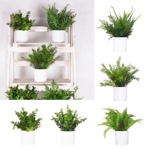 UTOPUS Green Fern Grass Artificial Bonsai White Flowerpot Green Grass Simulation Plant Potted High Quality Waterproof Lifelike Grass Flowerpotted Home Decoration