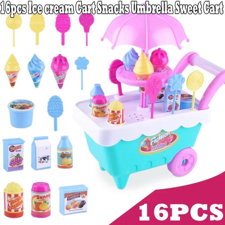 16pcs Ice cream Cart Snacks Umbrella Sweet Cart With Light Small Simulation  Plastic Pretend Play Educational Toy Lazada PH