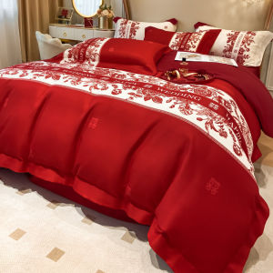 Bright Red Wedding High-End Simple Four-Piece Set Wedding Bed New Wedding Celebration Wedding Bed Sheet Quilt Cover Wedding Quilt Bedding LZD
