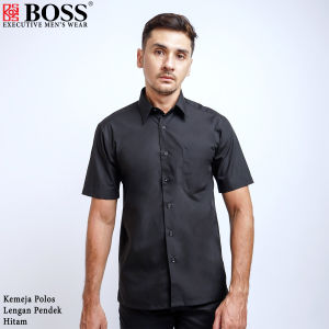 BOSS Kemeja Polos Pria Lengan Pendek Regular Fit Hitam