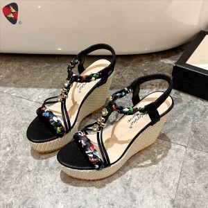 Katerina Chic Floral Print Crystal Wedge Sandals with Open Toe And Gartirized Strap for Women #K-805