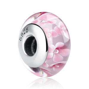 BAMOER Free Shpping 925 Sterling Silver Lovely Pink Flower Pattern European Murano Glass Beads Charms for Girl DIY Bracelets & Bangles SCZ008