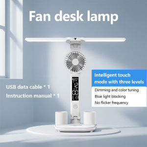 Rechargeable Table Lamp with Fan 2 Heads for Study Desk Lamp LED Table Light with Fan LED Clock Dispaly Reading Lamp with Pen Holder 180° Rotate Stepless Dimming 3 Light Color