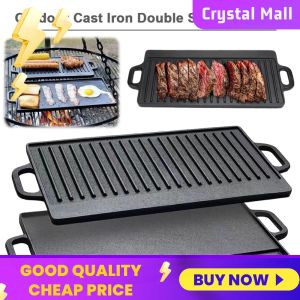 COD [Free Shipping] Durable Cast Iron Griddle Plate with Double Handles for Even Heat Distribution and Versatile Cooking of Steaks and Breads