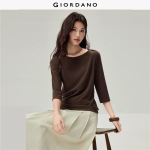GIORDANO Women T-Shirts Boat Neck 3/4 Sleeve Rib Tee Solid Color Simple Fashionable Casual Slim T-Shirts 05326781