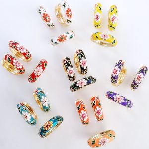 Traditional Flower Enamel Ear Rings Classic Chinese Chinese Style Earrings Circle Hoop Earrings Vintage Glaze Ear Jewelry Gifts for Women Girl
