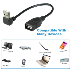 USB 2.0 Cable Extender Power Cord Adapter Wire Super Speed Data Extension Cable 90 Angled down/up Black 25/50cm