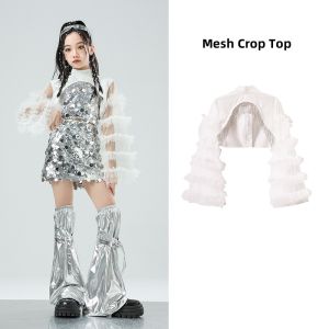 LOlanta Girls Jazz Dance Outfit Sequin Tank Top Shorts with Leg Warmers Tassel Design Mesh Crop Top Street Dance Stage Model Performance Costume