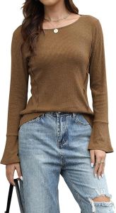Women Sweater Casual Crew Neck Long Sleeve Ribbed Knit Lightweight Pullover Sweater Tops