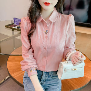 AMMIN 2025 Korean Style Pastoral Artistic Floral Embroidery Design Long Sleeve Cotton Shirt for Women Autumn New Comfortable Casual Turn-down Collar Single-breasted Elegant Blouse