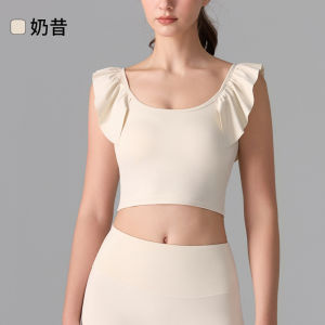 Lulu Áo ngực thể thao thời trang châu Âu và Mỹ với cúp cố định tích hợp tay ngắn t Áo vest ren gợn sóng áo tập yoga thể dục giúp