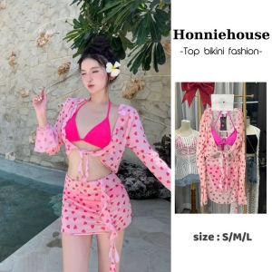 Hàng chuẩn màu mẫu mặc-Bikini tim hồng babi phong cách tiểu thư 4 chi tiết đồ bơi mảnh thời trang đi biển