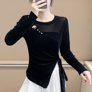 Yimei phong cách Châu Âu xẻ tà TIE TOP phụ nữ mùa thu và mùa đông phong cách ghép lưới nhung Áo Thun Cơ Bản ôm vừa hàng đầu bên trong
