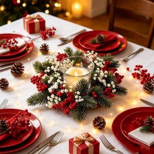 J2UQR3 20cm Christmas Candlestick Wreath Handmade DIY Simulation Pine Branch Photography Props Elegant Red Berry Candle Wreaths New Year