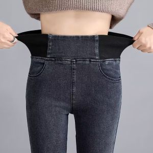 High waist denim pants for women autumn / winter plus size slim legged pants elastic waist women pants