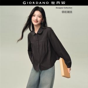 Giordano Women Doll collar long sleeve plaid shirt Free Shipping 18346825