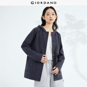 GIORDANO Nữ Áo khoác có mũ trùm đầu eo rút dây túi lớn nút kim loại chống gió thời trang thường ngày áo khoác rộng rãi 05373063