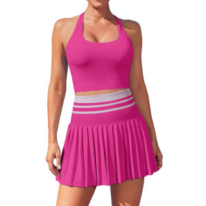 CHARMO 2 Piece Tennis Dresses for Women High Waisted Pleated Skirt Sets Seamless Colorblock Golf Outfits