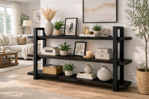 Handcrafted Solid Wood Industrial Bookshelf with Full Wooden Frame Rustic Oak Finish Heavy-Duty Design for Living Room Office or Bedroom – Modern Farmhouse Style Display Rack with Thick Timber Shelves and Natural Grain Texture for Timeless Elegance