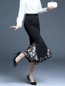Women Summer Mermaid Split Skirt Print Splice High Waist Skirts Knee Black Midi Office Lady Pencil Skirt
