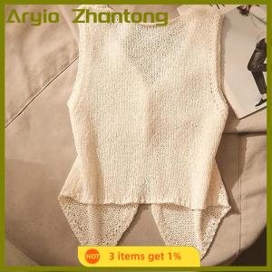 Aryio Summer Women Fashion Solid Color Chic Buttons V-neck Sleeveless Knitted Camisole