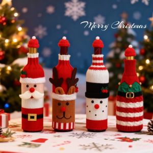 OOG Knitted Wine Bottle Cover Elk with Mini Santa Hat Holiday Decoration Wine Accessories Santa Claus Beer Bottle Cover Christmas