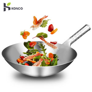 Konco Stainless Steel Wok Pan Uncoated Wok Suitable for Gas Stove Traditional Kitchen Cookware
