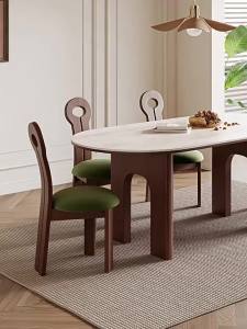 Solid wood French r dining table white wax wood dining table high-end feeling cave stone rock board walnut color dining table household oval shape