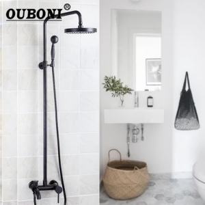 LDIES Rainfall Shower Faucet Set Tradition Black And Antique Brass Shower Systerm Hot Cold Mixer Tap W/ Handheld Showerhead 7M3Y5