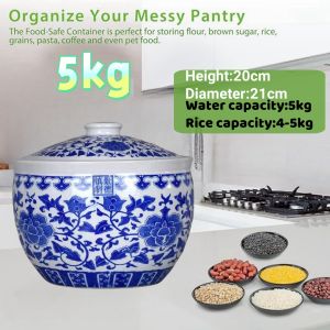 【Fast Delivery】5kg 10 kilos ceramic rice dispenser blue and white porcelain kitchen canisters jars rice box storage cereal food storage container clay jar with cover