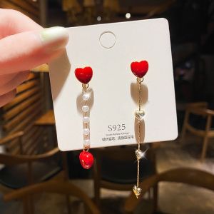 good 999 S925 Silver Korean Little Red Heart Asymmetrical Creative Personality Girl tassel long Earrings ES6266